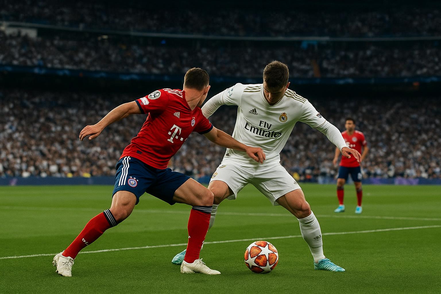 Spelers van Bayern München vieren op het veld van het Estadio Santiago Bernabéu na de 1-2 zege tegen Real Madrid.