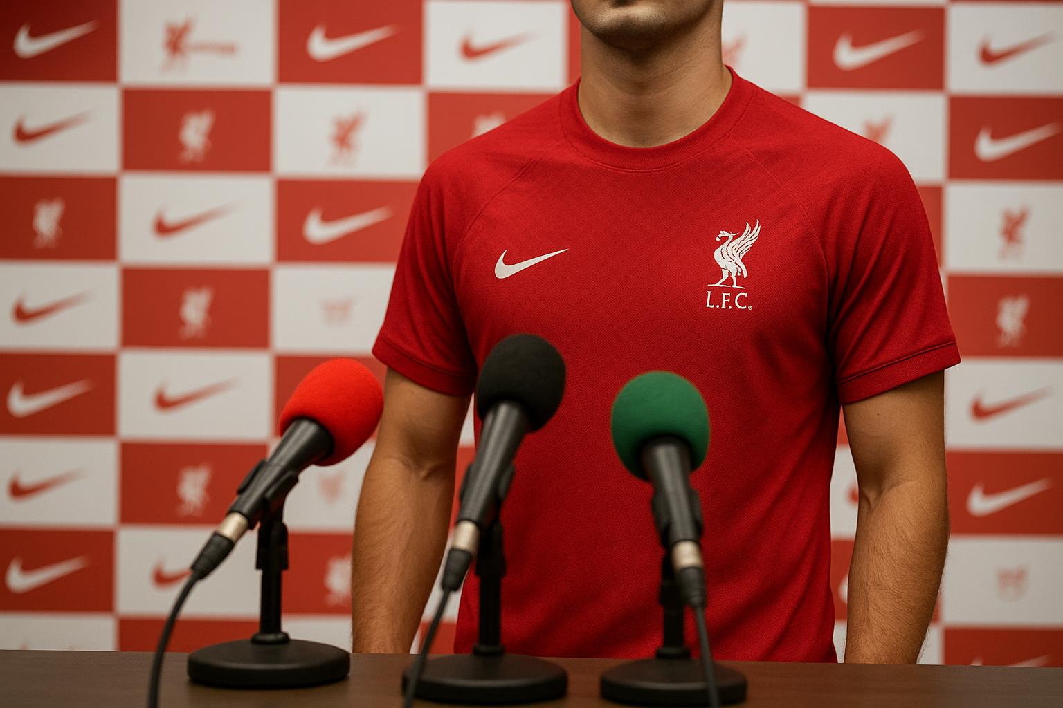 Spelers van Liverpool tijdens een persmoment in aanloop naar een Champions League-wedstrijd.