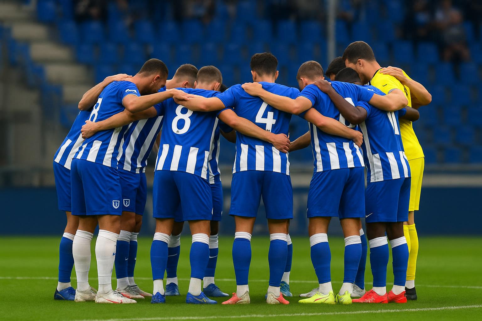 Spelers van KRC Genk vieren samen na een match in de Europe Play-Offs.