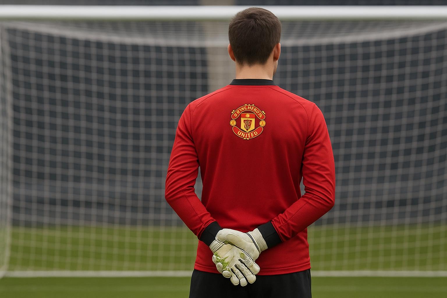Keepersmateriaal op een trainingsveld van Manchester United, als beeld bij de transfergeruchten rond André Onana.