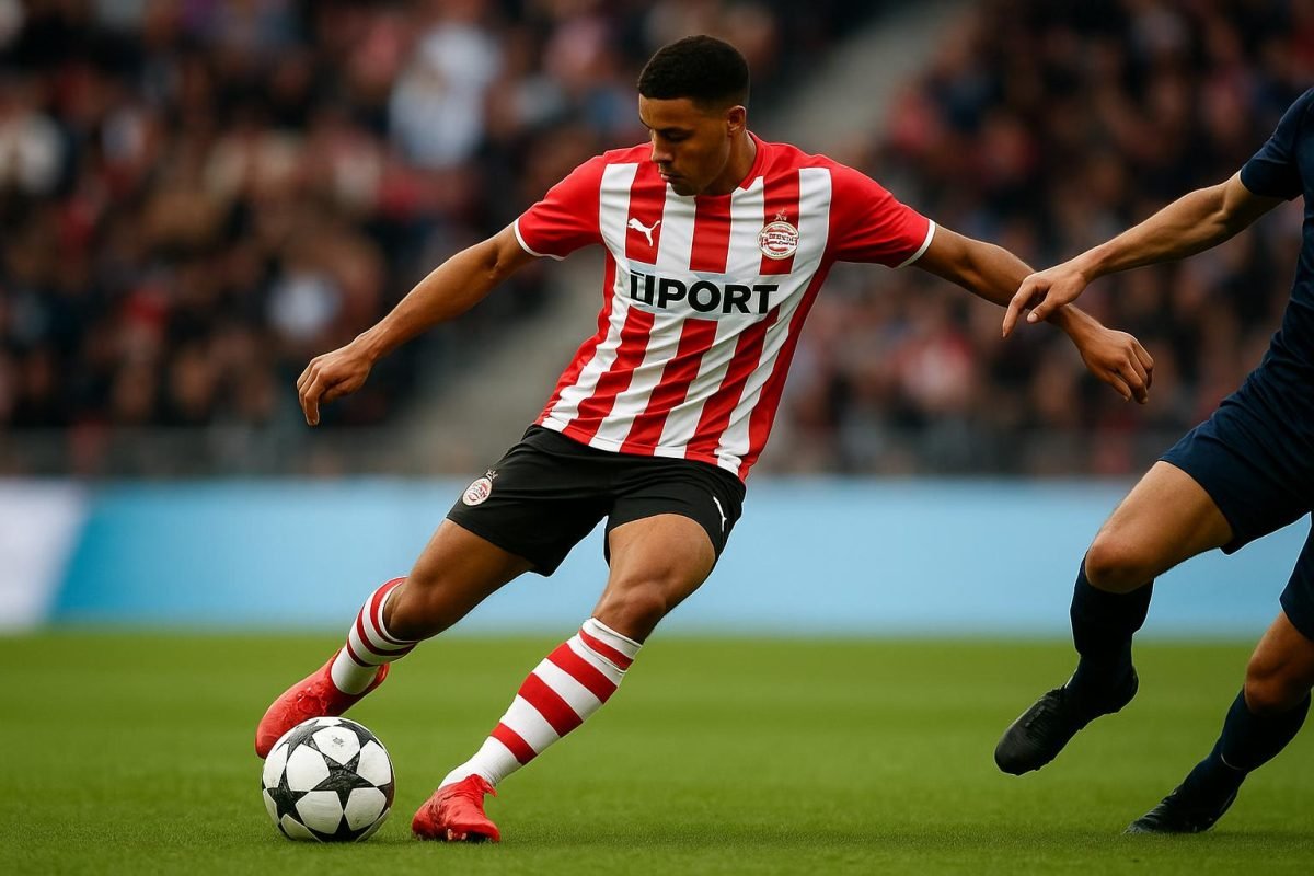 Ismaël Saibari in actie met PSV tijdens een wedstrijd in de Eredivisie.