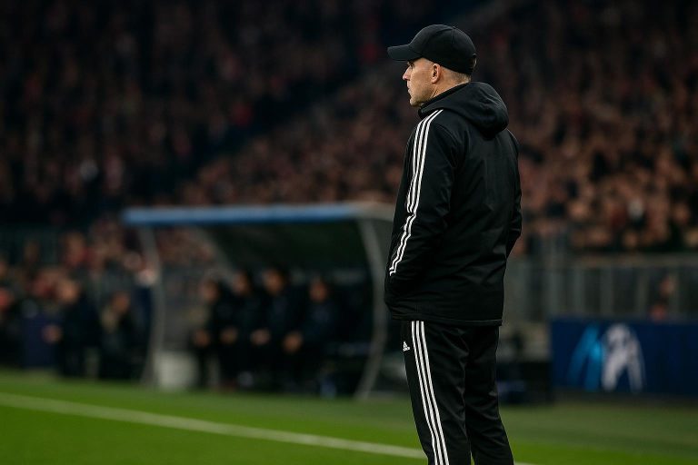Vincent Kompany langs de zijlijn als coach van Bayern München in een stadionomgeving
