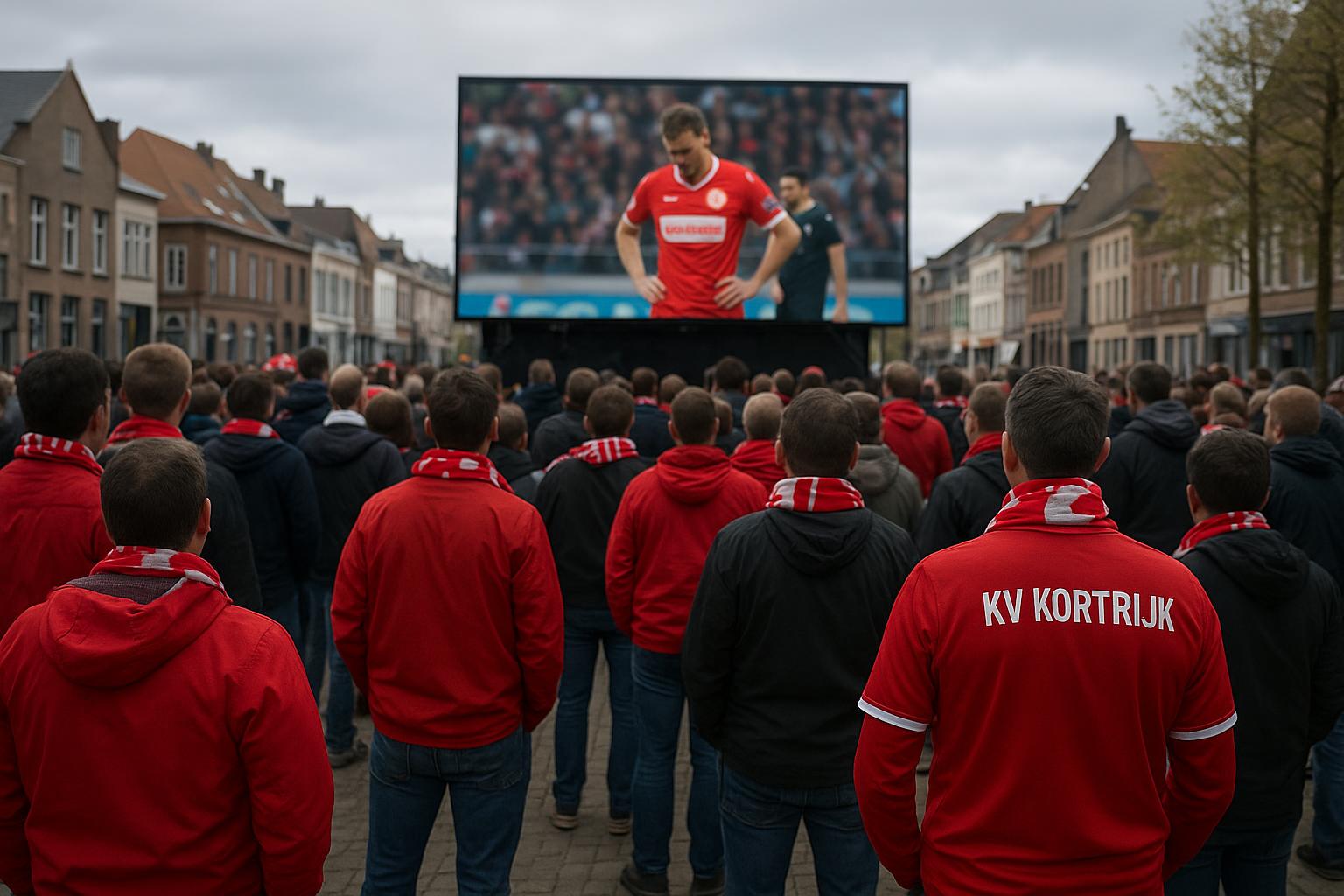 Supporters van KV Kortrijk volgen samen een wedstrijd op een groot scherm
