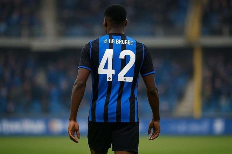 Raphael Onyedika van Club Brugge in een wedstrijdsituatie in het Jan Breydelstadion
