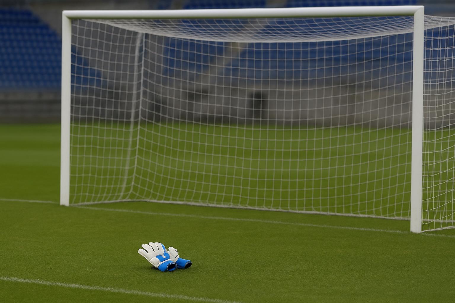 Sfeerbeeld in het Jan Breydelstadion bij Club Brugge met focus op het doel en keepershandschoenen.