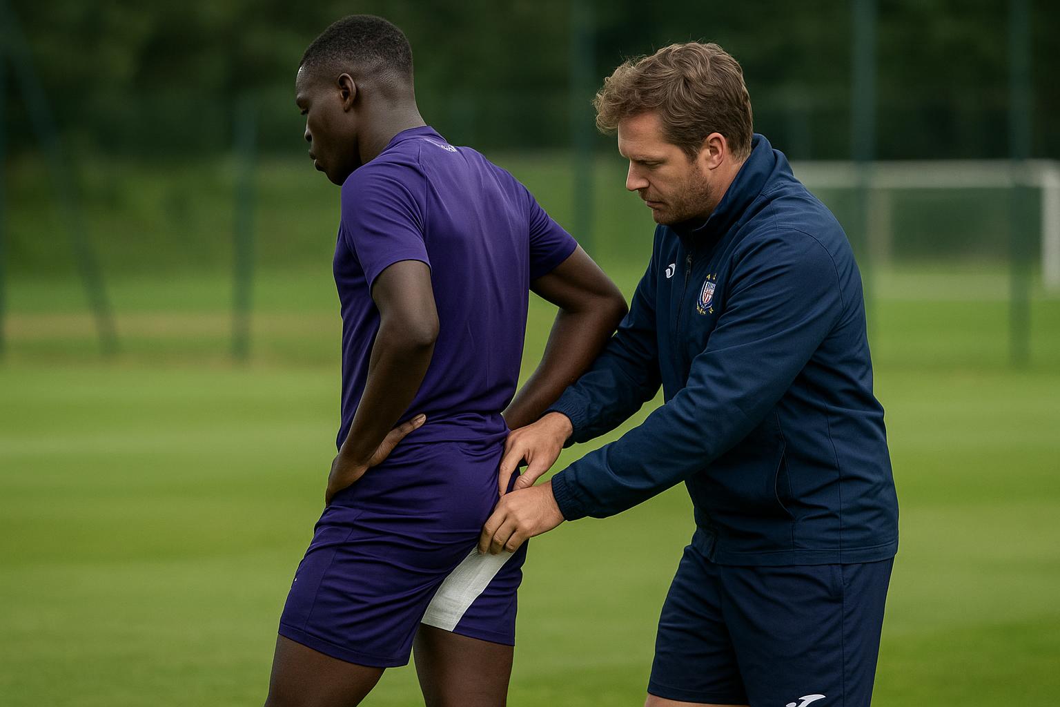 Een trainingmoment bij RSC Anderlecht met focus op een geblesseerde speler op de achtergrond