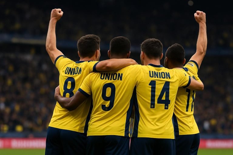Spelers van Union vieren samen na een doelpunt tijdens een play-offwedstrijd.