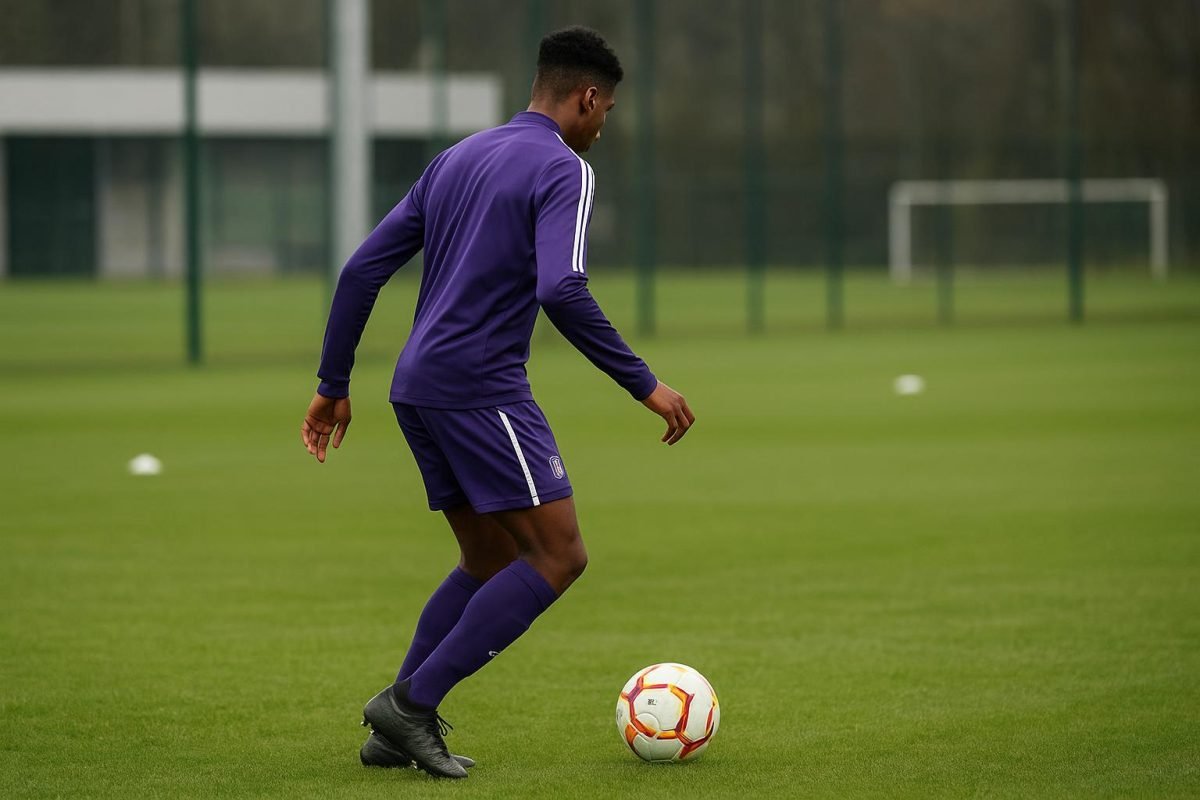 Een niet-herkenbare trainingsfoto van Anderlecht met focus op een jonge speler en balcontrole