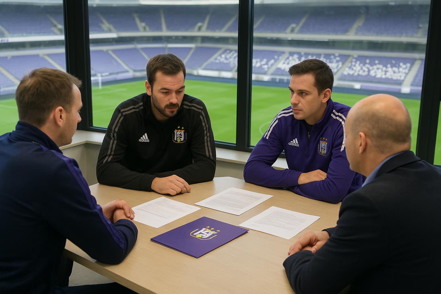 Bestuur en sportieve staf van RSC Anderlecht in het Lotto Park tijdens overlegmoment