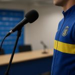 Olivier Deschacht in een studio-omgeving tijdens een interviewmoment