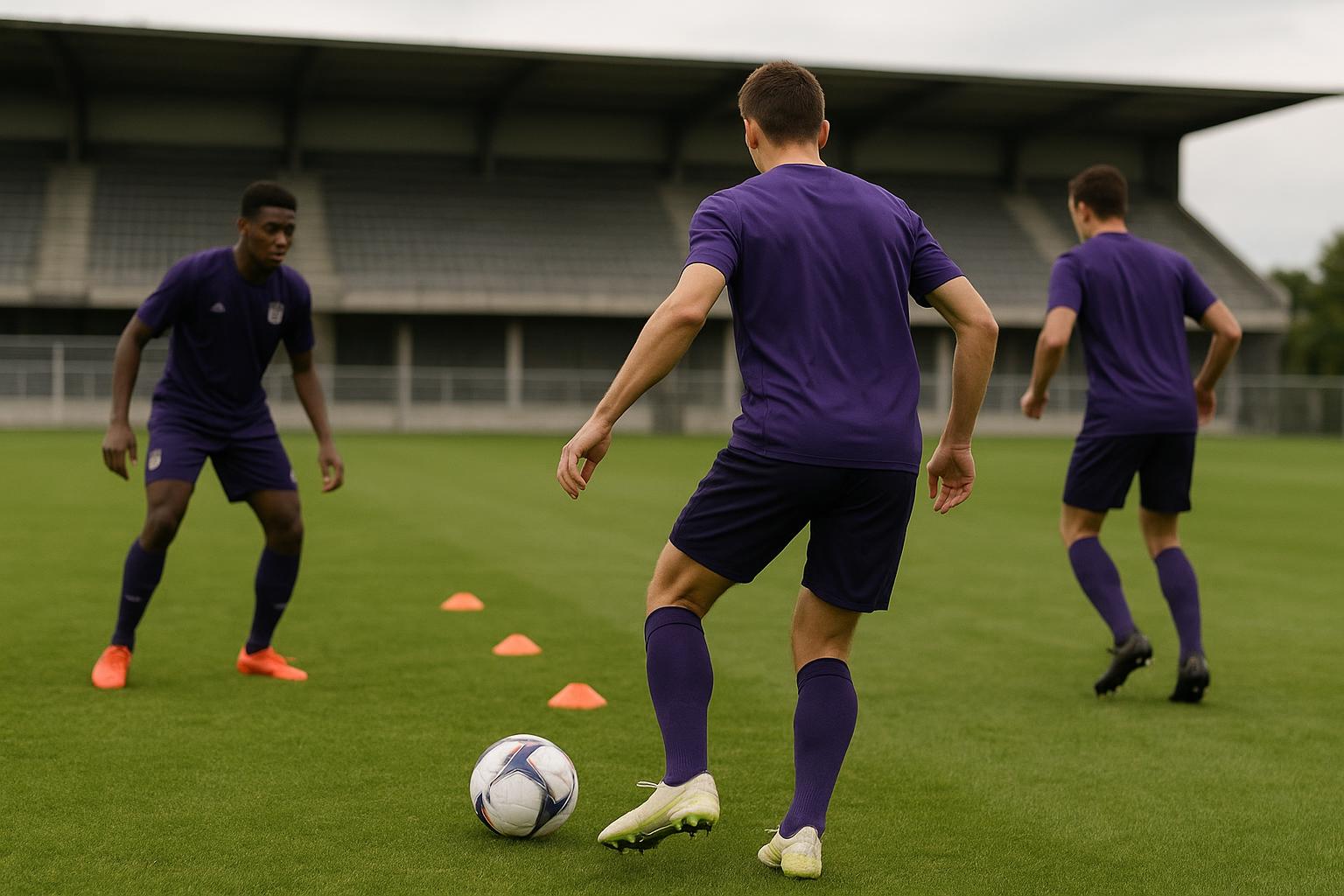 Training van RSCA Futures met jonge spelers van Anderlecht op de achtergrond van het oefenveld