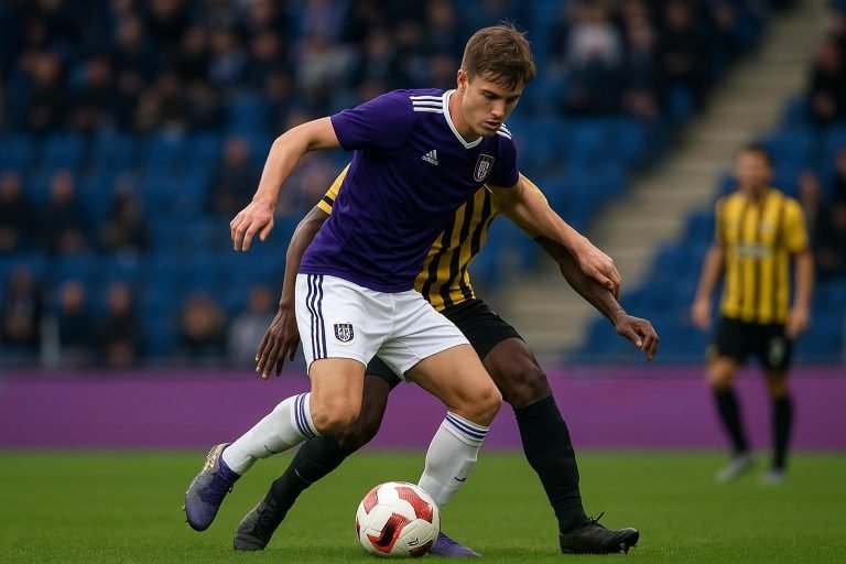 Sfeerbeeld in het Jan Breydelstadion tijdens Club Brugge tegen Anderlecht, met Nathan De Cat in beeld zonder herkenbare gezichten