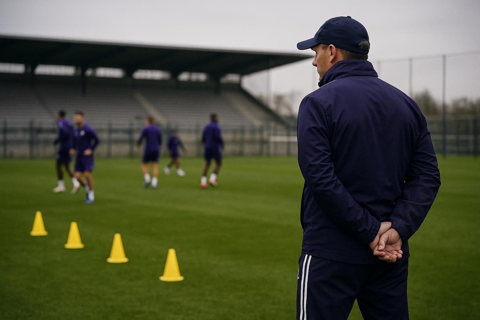 Jรฉrรฉmy Taravel langs de zijlijn bij RSC Anderlecht tijdens een trainersmoment