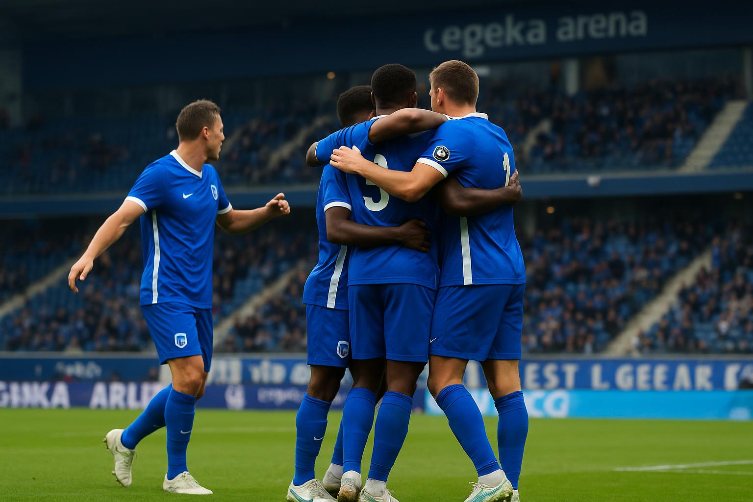Daan Heymans viert een doelpunt met KRC Genk in de Cegeka Arena