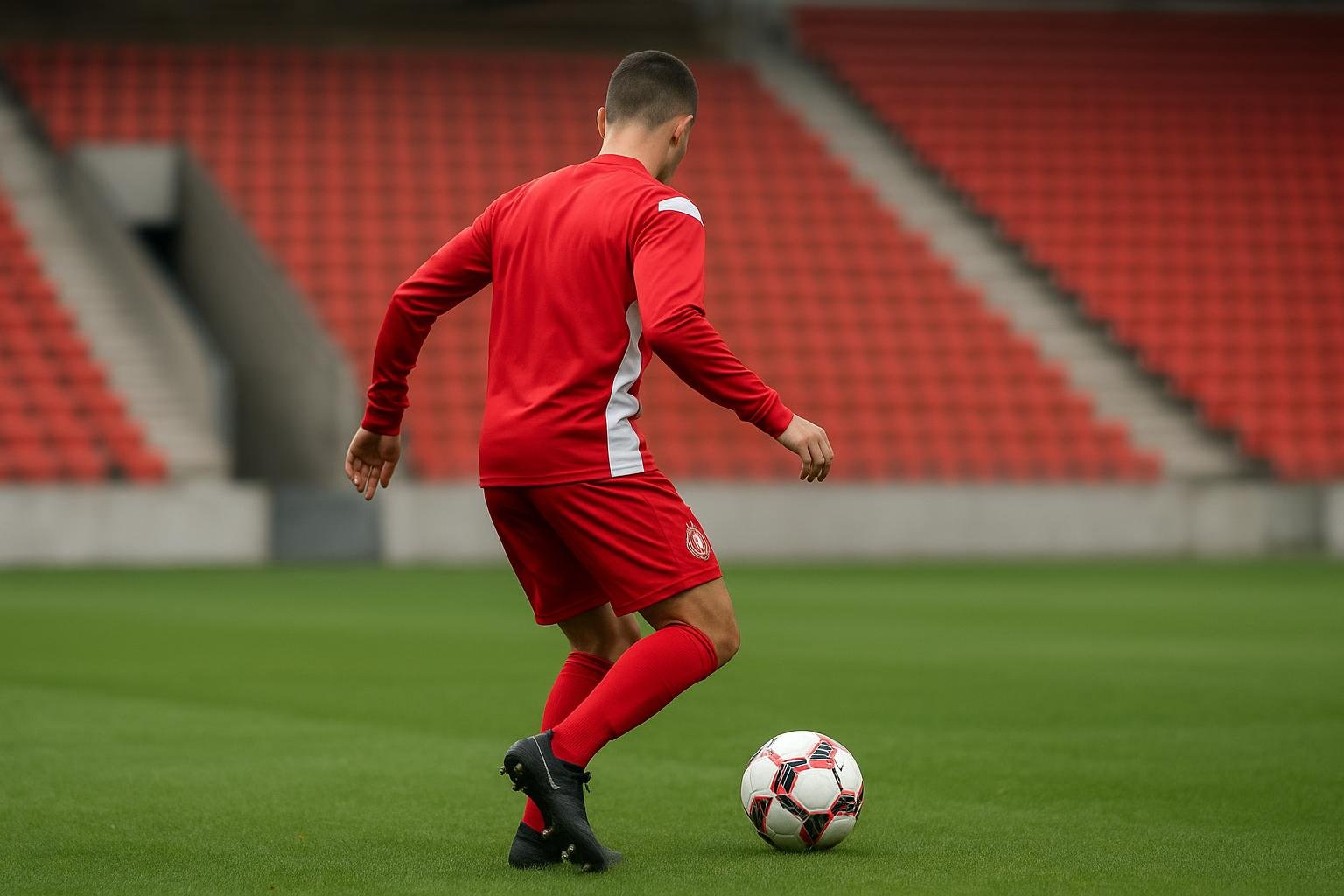 Beeld van een Standard-speler op training, met focus op een linksachter in actie