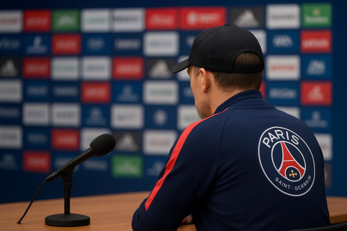 Luis Enrique geeft uitleg op een persconferentie van PSG in de Champions League.