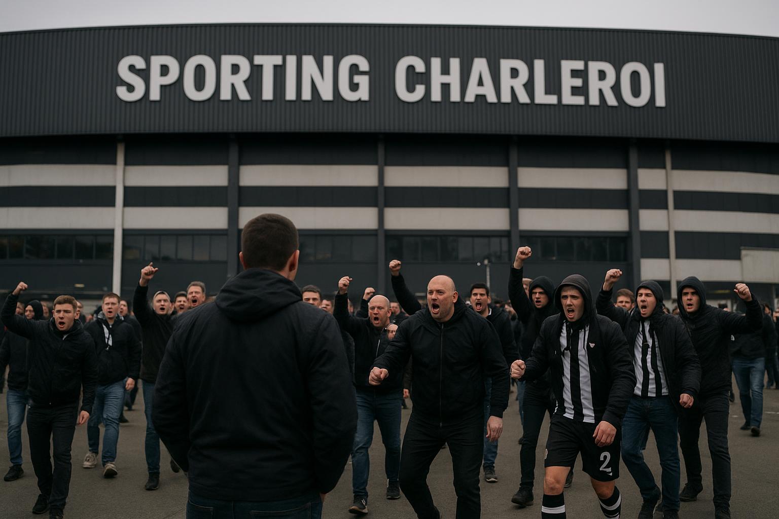 Sfeershot rond het stadion van Sporting Charleroi tijdens de play-offs.