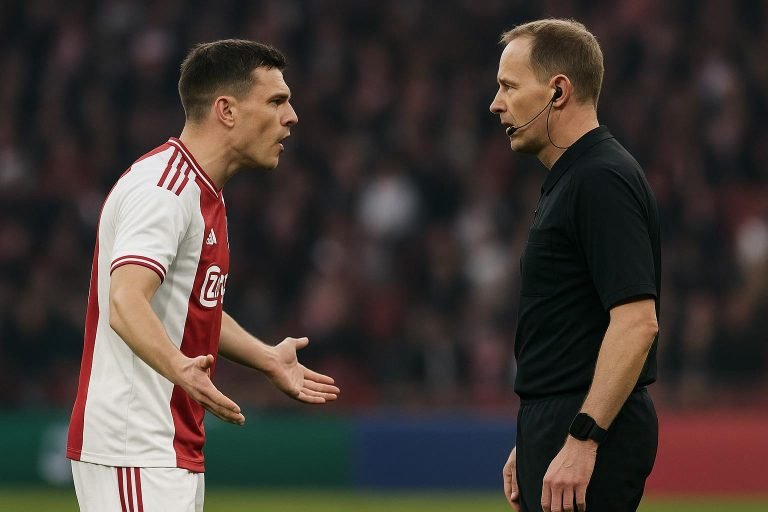 Mika Godts van Ajax in gesprek met scheidsrechter tijdens wedstrijd