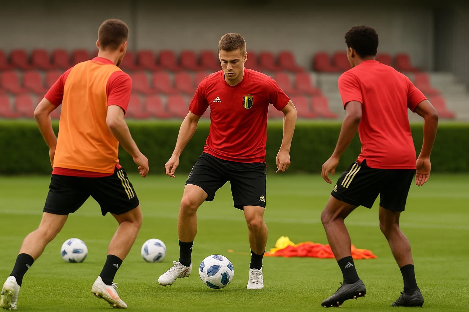 Aanvallers van de Rode Duivels tijdens een training in aanloop naar een interland