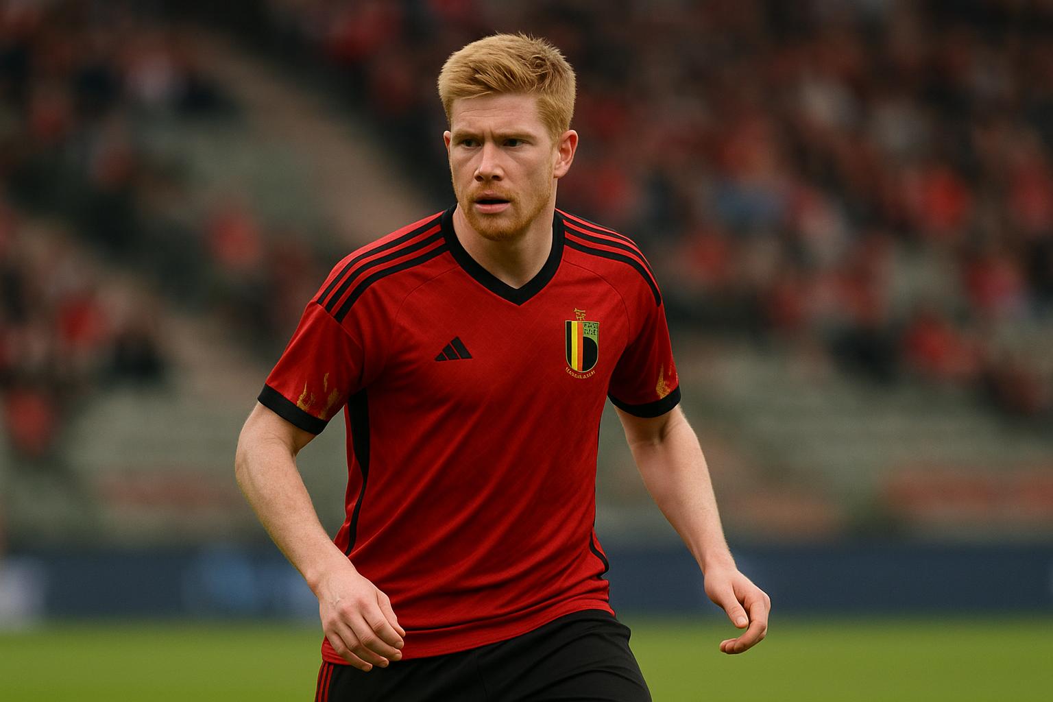 Kevin De Bruyne in actie in het shirt van België tijdens een interland.