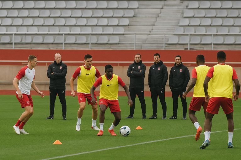 Sfeerbeeld van een trainingsmoment bij AS Monaco, met stafleden langs de zijlijn in het stadion.