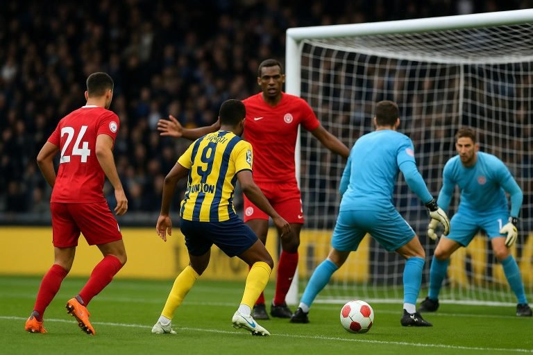 Beeld uit Union Saint-Gilloise tegen STVV met aandacht voor een betwiste fase in het strafschopgebied.