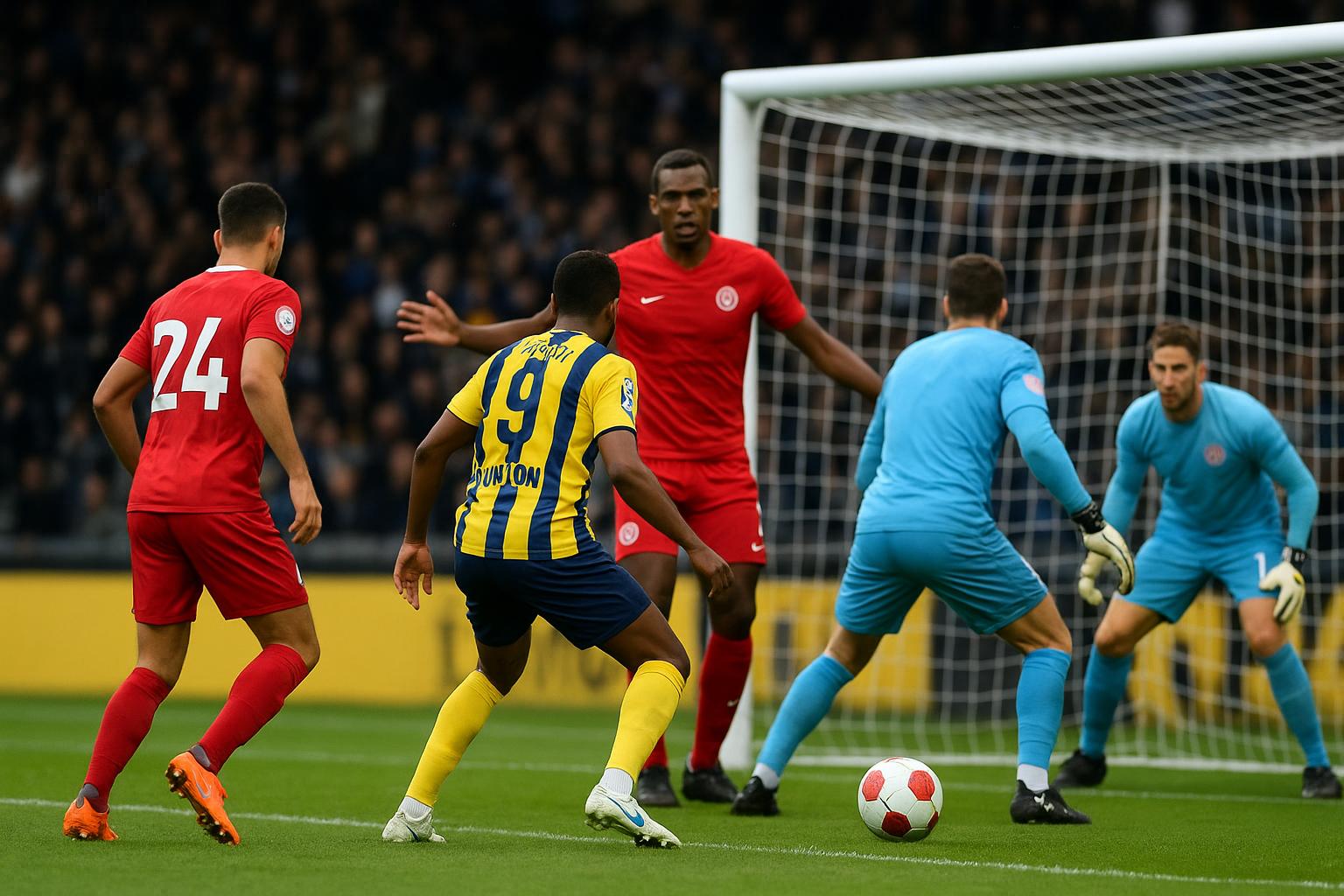 Beeld uit Union Saint-Gilloise tegen STVV met aandacht voor een betwiste fase in het strafschopgebied.