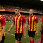 Spelers van KV Mechelen vieren samen na een wedstrijd in het stadion