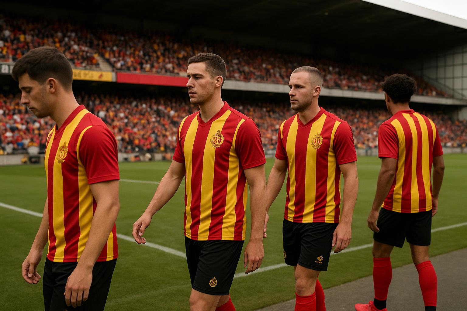 Spelers van KV Mechelen vieren samen na een wedstrijd in het stadion