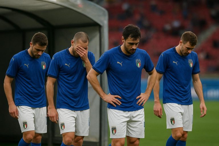 Een doelman van de Italiaanse nationale ploeg oogt aangeslagen na een uitschakeling na strafschoppen.