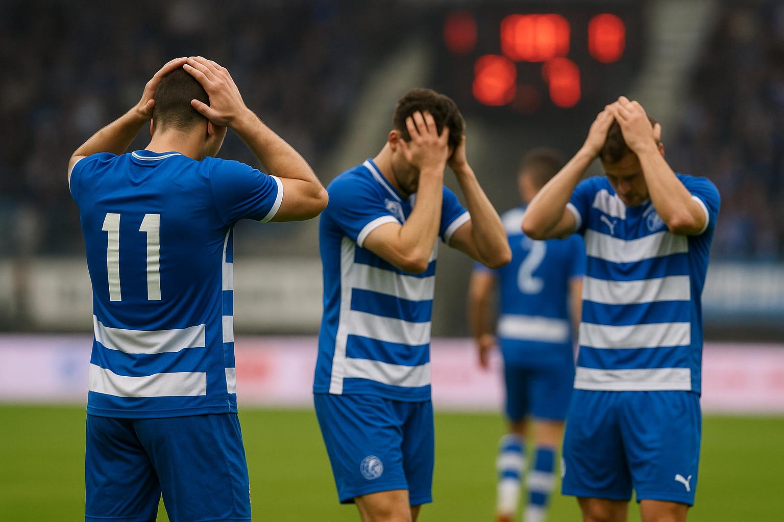 Spelers van KAA Gent reageren teleurgesteld na een late gelijkmaker in de Championsโ Play-Off.