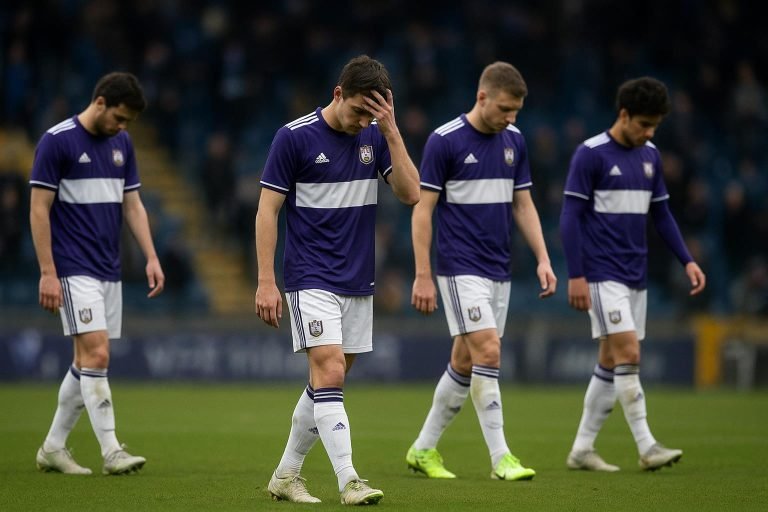 Spelers van RSC Anderlecht reageren teleurgesteld na de nederlaag tegen Club Brugge