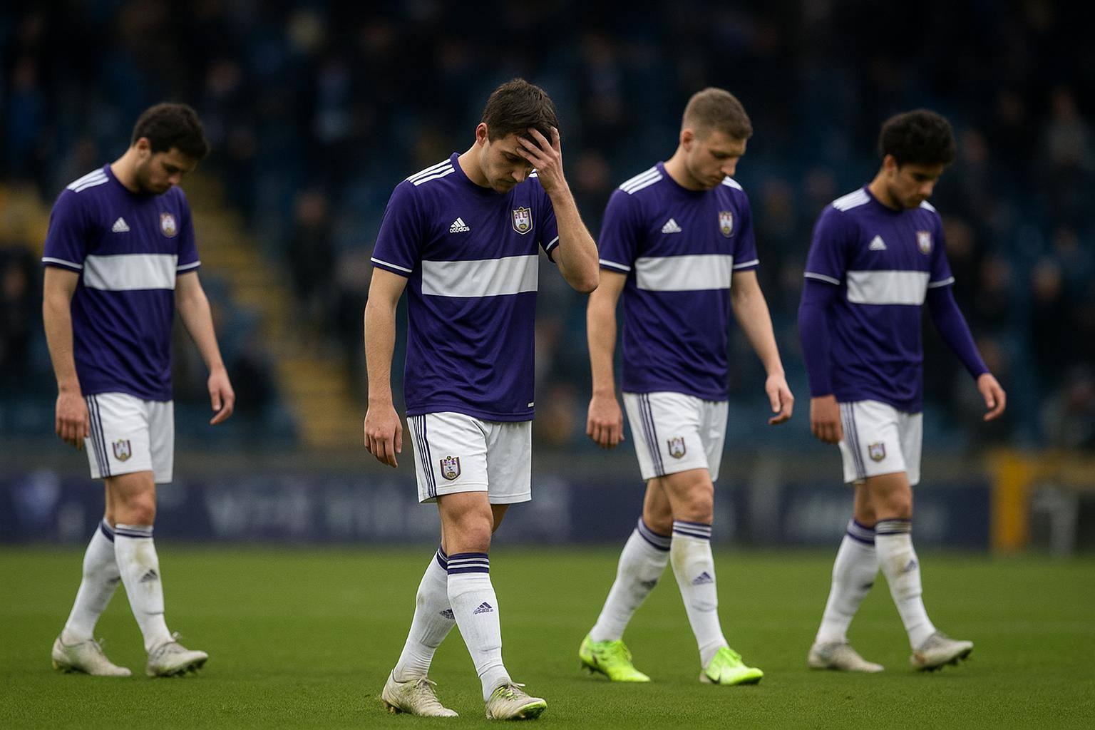 Spelers van RSC Anderlecht reageren teleurgesteld na de nederlaag tegen Club Brugge