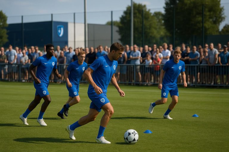 Supporters kijken toe tijdens een open training van KRC Genk in de zon