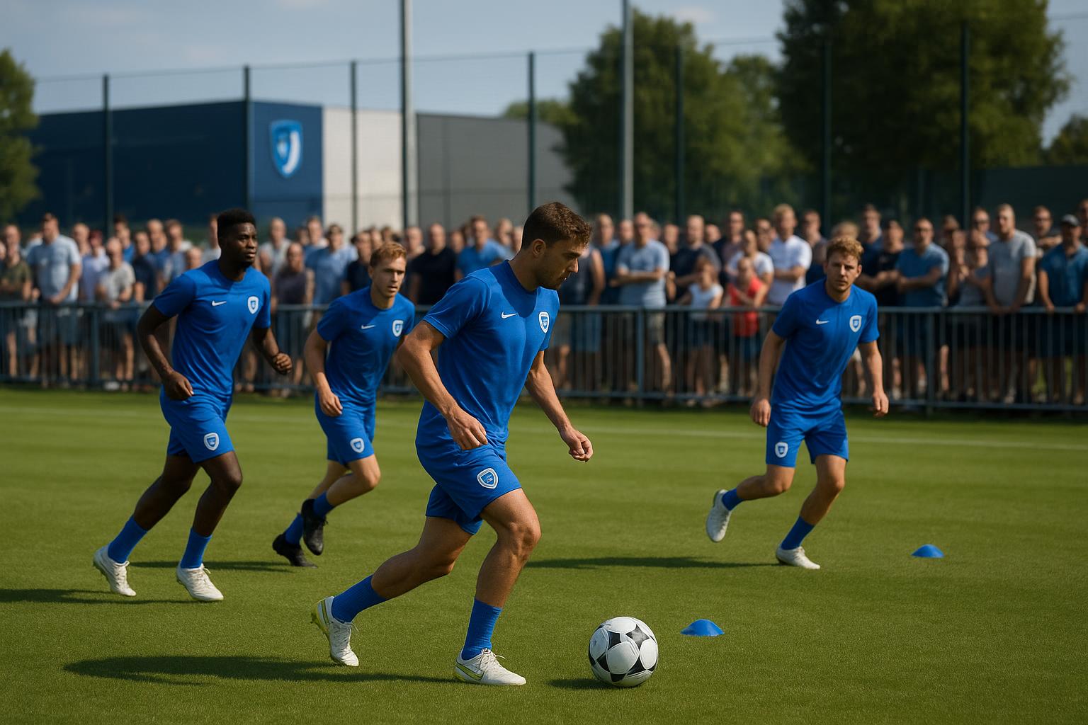 Supporters kijken toe tijdens een open training van KRC Genk in de zon
