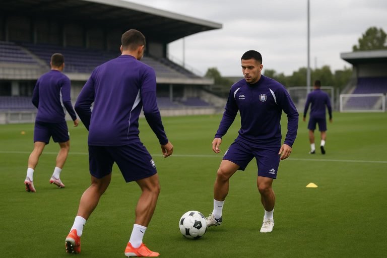 Spelers van RSC Anderlecht op het trainingsveld richting wedstrijdvoorbereiding in het Lotto Park