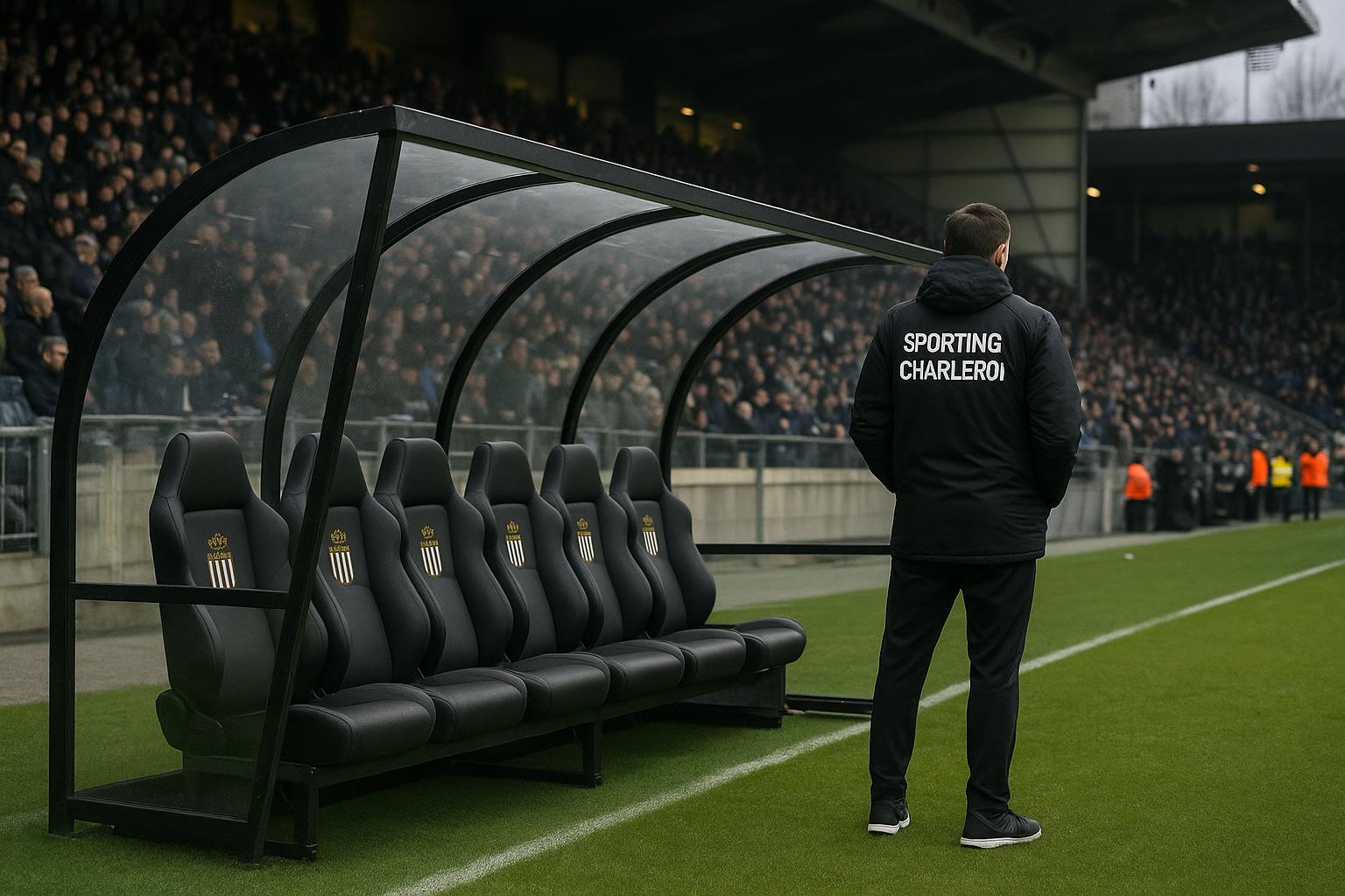 Sfeershot in het stadion van Sporting Charleroi met de dug-out in beeld