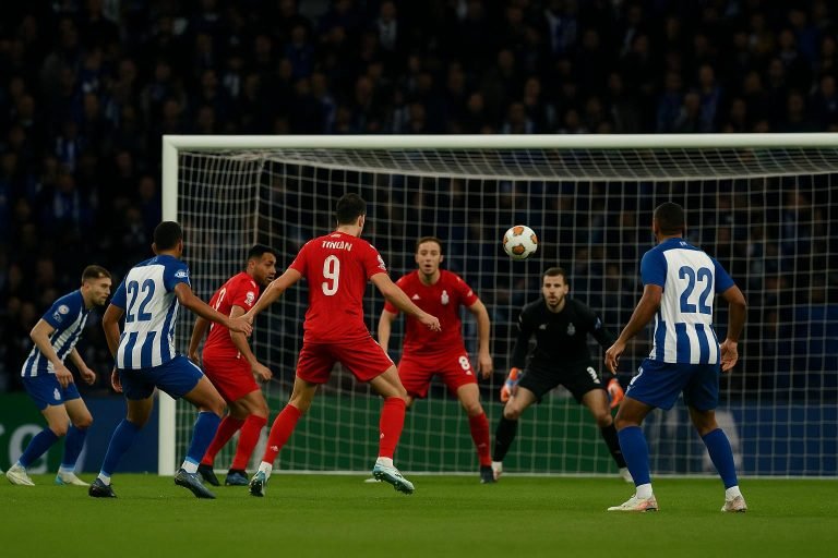 Spelmoment in FC Porto tegen Nottingham Forrest in de Europa League, met spelers in duel in het strafschopgebied.