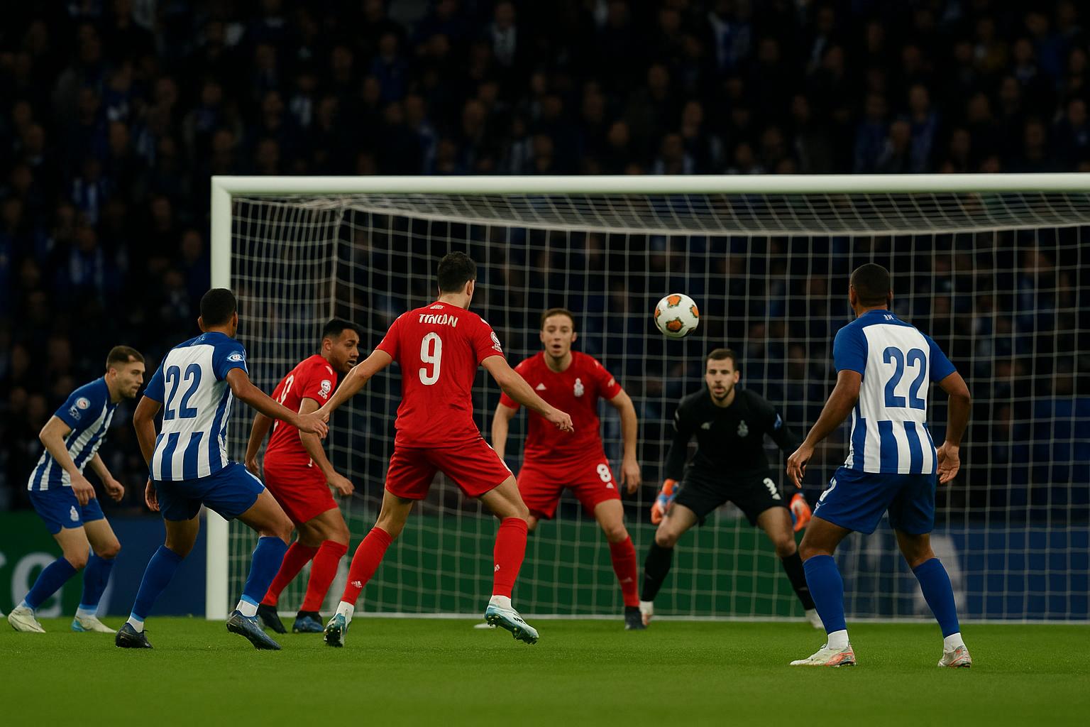 Spelmoment in FC Porto tegen Nottingham Forrest in de Europa League, met spelers in duel in het strafschopgebied.