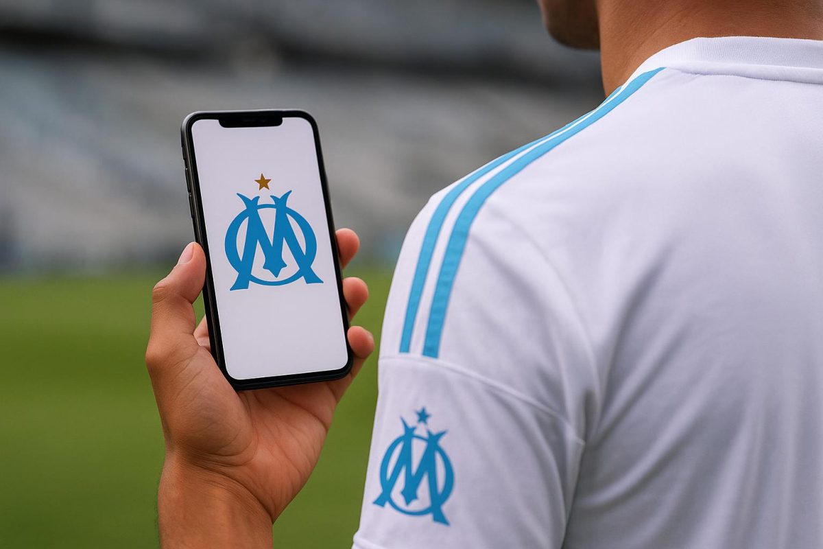 Smartphone met Instagram-post met omgedraaid autologo als knipoog naar Marseille-logo