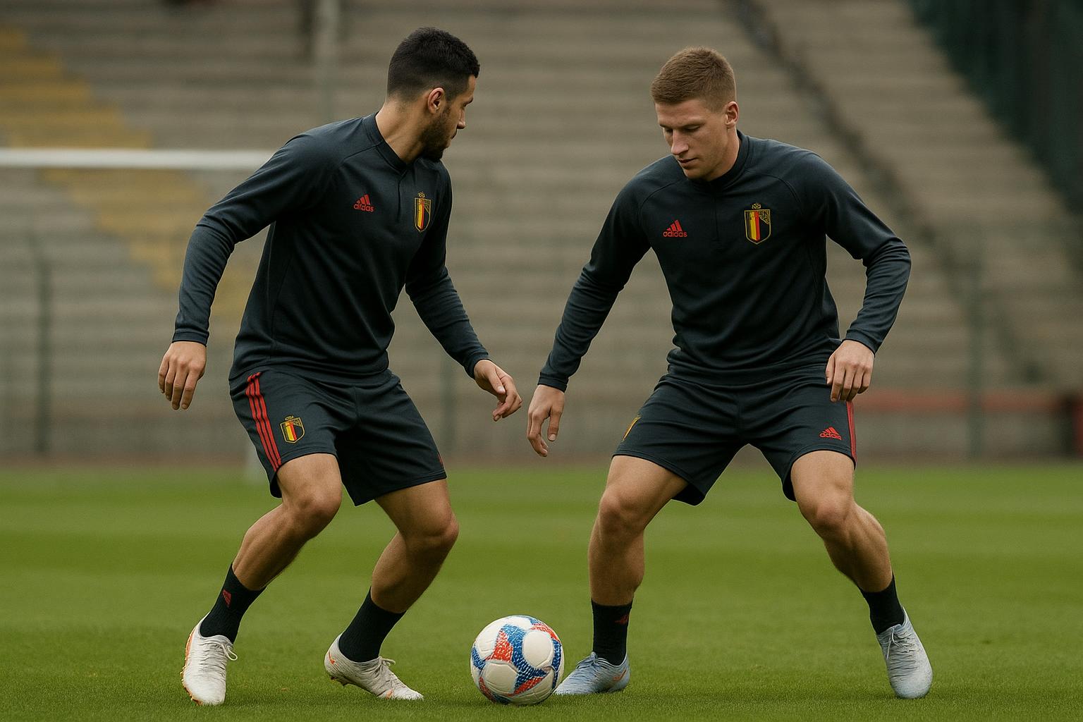 Amadou Onana en Youri Tielemans bij de Rode Duivels tijdens een training