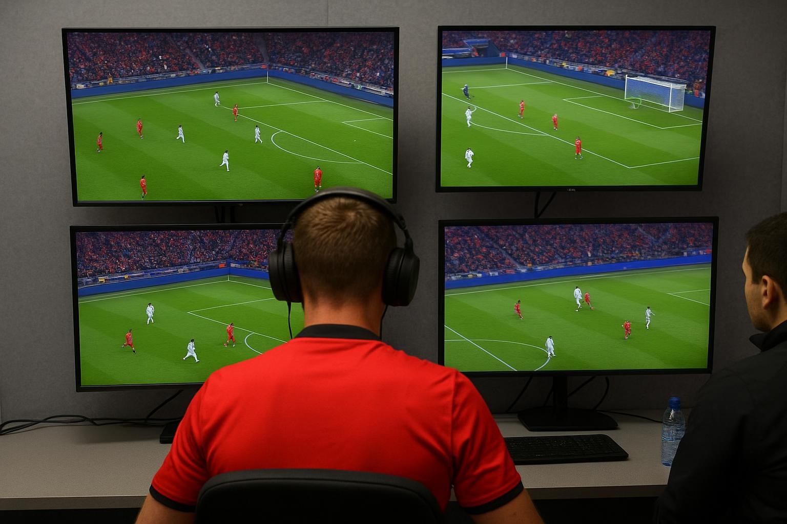 Een neutrale foto van een VAR-omgeving in een stadion, met schermen en een scheidsrechter in beeld zonder herkenbare gezichten.