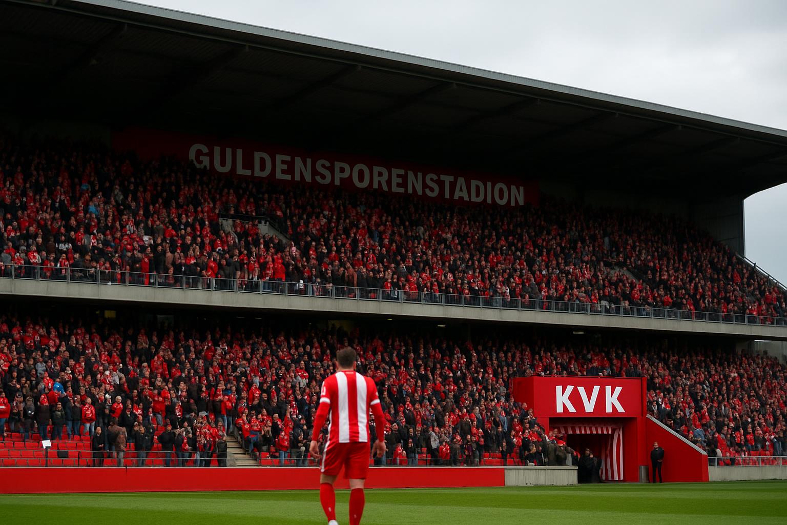 Sfeerbeeld in en rond het Guldensporenstadion bij KV Kortrijk in aanloop naar de promotiestrijd