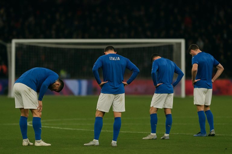Spelers van Italië reageren teleurgesteld na uitschakeling na strafschoppen tegen Bosnië en Herzegovina.
