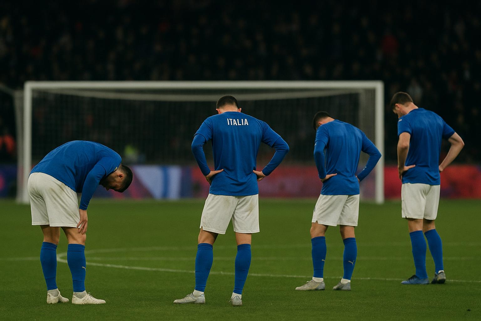 Spelers van Italië reageren teleurgesteld na uitschakeling na strafschoppen tegen Bosnië en Herzegovina.
