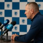 KRC Genk-coach Nicky Hayen tijdens een persmoment.