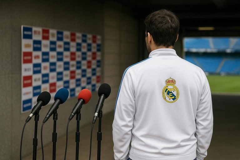 Florentino Pérez in een stadionomgeving tijdens een persmoment bij Real Madrid