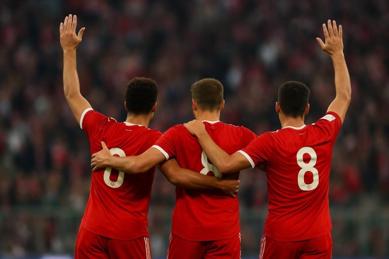 Spelers van Bayern München vieren een doelpunt, met focus op de ploeg en zonder herkenbare gezichten.