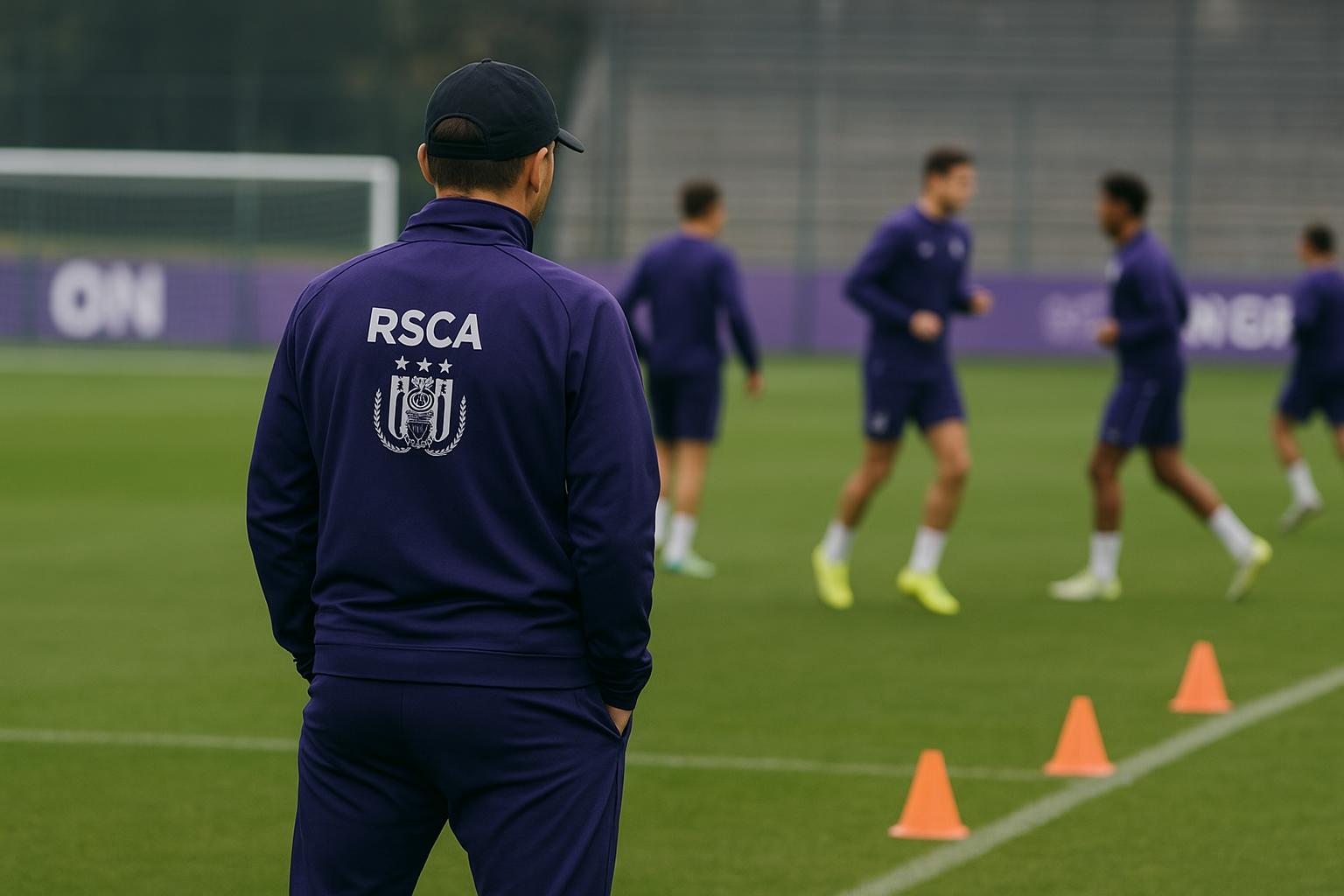 Jรฉrรฉmy Taravel langs de zijlijn bij RSC Anderlecht, in aanloop naar de wedstrijd tegen KAA Gent.