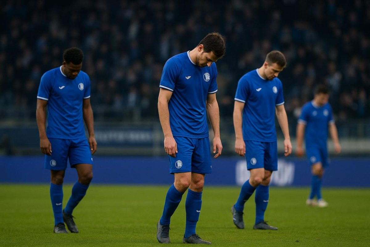 Teleurgestelde spelers van KAA Gent na puntenverlies in de Champions' Play-Off.